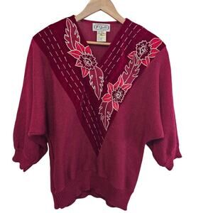 Vintage 80s Sweater Womens Medium Red Floral Glam Rock Knit Embellished Cottage